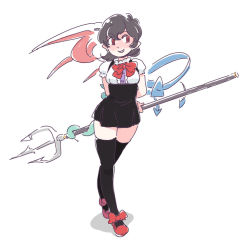 Rule 34 | 1girl, asymmetrical wings, black hair, black thighhighs, dress, female focus, houjuu nue, microdress, mitsumoto jouji, pointy ears, polearm, red eyes, short hair, simple background, sketch, smile, solo, thighhighs, touhou, trident, underbust, weapon, white background, wings, zettai ryouiki