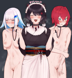 Rule 34 | 1futa, 2girls, ange katrina, animal collar, animal ears, apron, arms behind back, bar censor, bdsm, black collar, black hair, black kimono, blue eyes, blue hair, blunt bangs, blush, breasts, breath, bulge, censored, cleft of venus, collar, collarbone, completely nude, crossed bangs, cum, cum in clothes, cum through clothes, dog ears, dog girl, dog hair ornament, erection, erection under clothes, fangs, flat chest, flipped hair, flower, futanari, gamarenji, hair between eyes, hair flower, hair intakes, hair ornament, hairclip, half-closed eyes, heterochromia, highres, holding, holding leash, inui toko, japanese clothes, kimono, large breasts, leash, lize helesta, long hair, long sleeves, looking at viewer, low twintails, maid, maid headdress, medium breasts, multicolored hair, multiple girls, navel, nijisanji, nose blush, nude, obi, open mouth, purple eyes, pussy, red eyes, red flower, red hair, sanbaka (nijisanji), sash, short hair, sleeves pushed up, smile, standing, stomach, swept bangs, tearing up, trembling, twintails, two-tone hair, virtual youtuber, wa maid, waist apron, wavy eyes, white apron, white hair, wide sleeves, yellow eyes