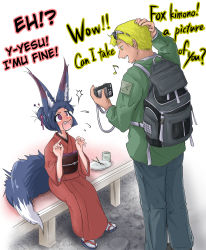 Rule 34 | &gt;:o, 1boy, 1girl, :o, absurdres, animal ears, backpack, bag, blonde hair, blue hair, blue pants, blush, camera, chopsticks, cup, doitsuken, embarrassed, english text, fang, fox ears, fox girl, fox tail, green jacket, hair ornament, hairpin, hand on own head, hands up, hard-translated, highres, holding, holding camera, jacket, japanese clothes, kimono, looking at another, open mouth, original, pants, pavement, plate, puffy sleeves, purple eyes, red kimono, simple background, sitting, slit pupils, standing, sweatdrop, tail, talking, third-party edit, translated, v-shaped eyebrows, white background, white legwear, yellow eyes