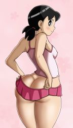 Rule 34 | 1girl, ass, black eyes, black hair, blush, breasts, butt crack, clothes pull, doraemon, highres, huge ass, looking back, low twintails, medium breasts, minamoto shizuka, no panties, petite, seductive smile, sideboob, skirt, skirt pull, sleeveless, smile, solo, teasing, thick thighs, thighs, twintails, undressing