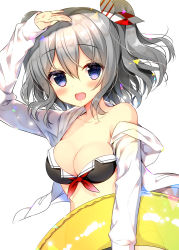 Rule 34 | 10s, 1girl, :d, alternate costume, bikini, black bikini, blue eyes, blush, breasts, collarbone, hair between eyes, innertube, kantai collection, kashima (kancolle), large breasts, open mouth, short hair, silver hair, simple background, smile, solo, swim ring, swimsuit, two side up, white background, yadapot