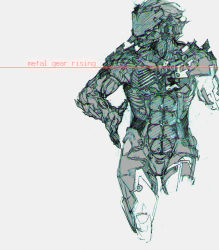 Rule 34 | 1boy, armor, bodysuit, copyright name, cropped legs, cyborg, full armor, grey background, looking to the side, male focus, metal gear (series), metal gear rising: revengeance, power suit, raiden (metal gear), riotballs, short hair, simple background, solo, white hair
