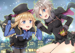 Rule 34 | 2girls, :d, ahoge, ange (princess principal), black cape, black dress, black footwear, black gloves, black hat, black legwear, blonde hair, blue bow, blue eyes, blush, boots, bow, breasts, building, cape, dress, eye contact, fur-trimmed sleeves, fur collar, fur trim, gloves, hair flaps, hand on headwear, hat, highres, holding, holding hands, house, impossible clothes, impossible dress, interlocked fingers, light brown hair, long hair, long sleeves, looking at another, medium breasts, multiple girls, open mouth, outdoors, pantyhose, piripun, princess (princess principal), princess principal, short hair with long locks, signature, smile, snowing, teeth, top hat, upper teeth only, very long hair