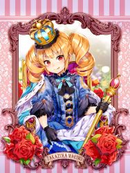 Rule 34 | 1girl, :q, black gloves, blonde hair, crown, drill hair, flower, gloves, highres, jairou, looking to the side, red eyes, rose, short hair, sitting, solo, tongue, tongue out, twin drills, twintails