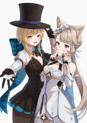 Rule 34 | 2girls, animal ears, black gloves, blonde hair, bow, breasts, cat ears, cat girl, closed mouth, cosplay, costume switch, dress, fingerless gloves, flower, genshin impact, gloves, hair between eyes, hair flower, hair ornament, highres, long hair, lumine (genshin impact), lumine (genshin impact) (cosplay), lynette (genshin impact), lynette (genshin impact) (cosplay), medium breasts, multiple girls, open mouth, pantyhose, purple eyes, smile, tail, white dress, yellow eyes, yu ri 0320