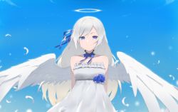 Rule 34 | 1girl, arms behind back, blue eyes, blue flower, blue ribbon, blue rose, blue sky, closed mouth, cloud, day, dress, eyebrows hidden by hair, feathered wings, feathers, fhang, flower, frilled dress, frills, grey dress, grey hair, hair ribbon, halo, highres, looking at viewer, original, outdoors, ribbon, rose, sky, smile, solo, strapless, strapless dress, white feathers, white wings, wings