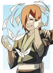 Rule 34 | 1boy, 1other, blush, closed eyes, grin, hair over one eye, happy tears, highres, japanese clothes, male focus, medium hair, nagato (naruto), naruto (series), naruto shippuuden, one eye covered, orange hair, origami, paper, paper crane, pnpk 1013, smile, solo focus, tears, upper body