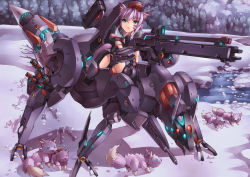 Rule 34 | 1girl, animal, animal ears, anti-materiel rifle, blue eyes, cannon, crying wolf, facial mark, forest, gluteal fold, gun, magnetic weapon, metal gear (series), metal gear solid 4: guns of the patriots, mk-5, nature, original, puffy sleeves, railgun, riding, rifle, short hair, sniper rifle, snow, solo, weapon