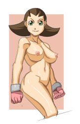 Rule 34 | 1girl, ac120, breasts, brown hair, clenched hands, closed mouth, collarbone, completely nude, cowboy shot, feet out of frame, female focus, gloves, green eyes, large breasts, looking at viewer, mega man (series), mega man legends (series), navel, nipples, nude, pink gloves, short hair, smile, solo, standing, thighs, tron bonne (mega man)