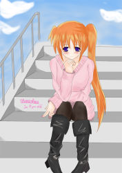 Rule 34 | 00s, 1girl, blush, boots, brown hair, forest2487, lyrical nanoha, mahou shoujo lyrical nanoha, mahou shoujo lyrical nanoha strikers, pantyhose, ponytail, purple eyes, side ponytail, sitting, sitting on stairs, solo, stairs, sweater, takamachi nanoha