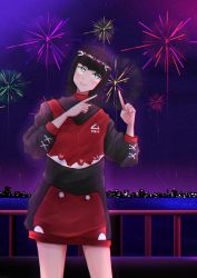 Rule 34 | 1girl, absurdres, aqua eyes, artist name, artist request, bare legs, black hair, black jacket, black sky, blue sky, blunt bangs, breasts, city, city lights, female focus, firework background, fireworks, green eyes, hair ornament, hairclip, highres, hime cut, jacket, kurosawa dia, long hair, long sleeves, looking at viewer, love live!, love live! sunshine!!, mole, mole under mouth, night, night sky, ocean, outdoors, pocket, puffy long sleeves, puffy sleeves, purple sky, red jacket, sky, small breasts, solo, star (sky)