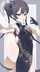 Rule 34 | 1girl, armpits, black gloves, blue archive, blush, breasts, china dress, chinese clothes, dragon print, dress, fellatio gesture, gloves, grey eyes, hair bun, hair ornament, halo, handjob gesture, highres, kisaki (blue archive), long hair, open mouth, paid reward available, single hair bun, sleeveless, sleeveless dress, small breasts, solo, split, standing, standing on one leg, standing split, thighhighs, tongue, tongue out, translation request, yucblossom