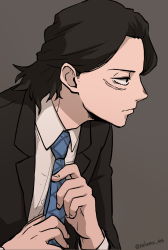 Rule 34 | 1boy, adjusting clothes, adjusting necktie, black eyes, black hair, black jacket, blue necktie, boku no hero academia, brown background, closed mouth, collared shirt, commentary request, eraser head (boku no hero academia), facial hair, formal, from side, highres, jacket, long hair, long sleeves, male focus, nakamu 405, necktie, profile, shirt, simple background, solo, stubble, suit, twitter username, upper body, white shirt