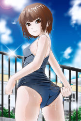 Rule 34 | 1girl, adjusting clothes, adjusting swimsuit, ass, back, blue one-piece swimsuit, cloud, cloudy sky, competition school swimsuit, day, fence, from behind, higashi tarou, highres, lens flare, light smile, looking at viewer, looking back, one-piece swimsuit, original, outdoors, school swimsuit, sky, solo, standing, swimsuit, wet