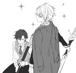 Rule 34 | 2boys, closed mouth, coat, coat on shoulders, collared shirt, crow armbrust, double-blade, earrings, eiyuu densetsu, falcom, greyscale, jewelry, long sleeves, looking at viewer, male focus, monochrome, multiple boys, necktie, rean schwarzer, sen no kiseki, sen no kiseki iv, shirt, short hair, simple background, sketch, soap (user kghh4755), upper body, vest