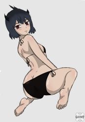 Rule 34 | ass, back, bikini, black clover, black hair, breasts, female focus, full body, godsarelost, highres, horns, looking at viewer, looking to the side, red eyes, secre swallowtail, simple background, small breasts, swimsuit