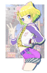 Rule 34 | 1girl, :3, animal print, belt, blonde hair, blue eyes, blunt bangs, closed mouth, commentary request, cone hair bun, cowboy shot, cropped jacket, cropped legs, double bun, from side, hair bun, hand in pocket, hand up, jacket, long sleeves, looking at viewer, midriff, minami mirei, moudoku (decopon3rd), open clothes, open jacket, photo background, pink shorts, pretty series, pripara, purple belt, shirt, short hair, shorts, smile, solo, standing, w, yellow shirt