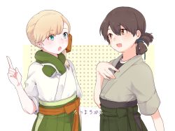 Rule 34 | 2girls, :d, :o, achii adachi, black shirt, blonde hair, blue eyes, blue ribbon, brown eyes, brown hair, dougi, folded ponytail, green scarf, green skirt, hair ornament, hair ribbon, hakama, hakama short skirt, hakama skirt, hand on own chest, index finger raised, japanese clothes, kantai collection, long hair, looking at another, multiple girls, open mouth, ribbon, scarf, shin&#039;you (kancolle), shirt, skirt, smile, swept bangs, taiyou (kancolle), undershirt, upper body