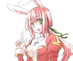 Rule 34 | 1girl, :d, animal ears, blush, breasts, commentary request, cross, dress, green eyes, green ribbon, hair ribbon, high priest (ragnarok online), index finger raised, juliet sleeves, koizumi (0w05070w0), long hair, long sleeves, looking at viewer, low ponytail, medium bangs, medium breasts, open mouth, pink hair, puffy sleeves, rabbit ears, ragnarok online, red dress, ribbon, simple background, smile, solo, two-tone dress, upper body, white background, white dress