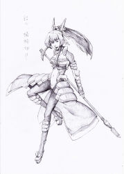 Rule 34 | 1girl, armor, bodysuit, female focus, highres, honda futayo, kyoukaisenjou no horizon, monochrome, polearm, ponytail, smile, solo, spear, weapon