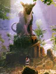 Rule 34 | 1boy, brown hair, daniel conway, from behind, highres, ruins, tattoo, the boy (the last guardian), the last guardian, trico (character), watermark