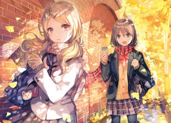 Rule 34 | 2girls, :d, bag, black legwear, black neckwear, blonde hair, blue sailor collar, bow, bowtie, brown eyes, brown hair, checkered clothes, checkered scarf, day, enpera, hair between eyes, hair ornament, hairclip, holding, jacket, long sleeves, looking at another, looking at viewer, multiple girls, neckerchief, open mouth, original, outdoors, pantyhose, parted lips, pleated skirt, red neckwear, red scarf, rioka (southern blue sky), sailor collar, scarf, school bag, school uniform, serafuku, shoulder bag, skirt, smile, standing, tree, vest, white jacket