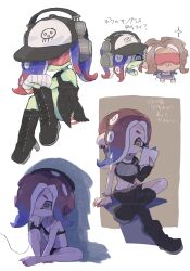 Rule 34 | 2girls, :3, agent 8 (splatoon), bandaged arm, bandages, barefoot, baseball cap, black dress, black footwear, blue hair, boots, brown hair, cephalopod eyes, colored skin, colored tips, commentary request, cross-laced footwear, cross-laced slit, dark-skinned female, dark skin, dedf1sh, dress, green skin, hair over one eye, hat, headphones, headphones over headwear, highres, long hair, multicolored hair, multiple girls, multiple views, nintendo, octoling, octoling girl, octoling player character, print headwear, red-tinted eyewear, red hair, sanitized (splatoon), simple background, sitting, sparkle, splatoon (series), splatoon 3, splatoon 3: side order, sunglasses, tinted eyewear, translation request, two-tone hair, underwear, white background, yellow eyes, yellow pupils, yuritokemo