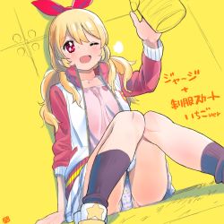 Rule 34 | 10s, 1girl, ;d, aikatsu!, aikatsu! (series), blonde hair, bow, cup, giving, hair bow, hairband, hoshimiya ichigo, jacket, long hair, one eye closed, open clothes, open jacket, open mouth, outstretched arm, panties, pantyshot, red eyes, religious offering, sitting, skirt, smile, socks, solo, tetsujin momoko, track jacket, underwear