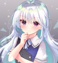Rule 34 | 1girl, 2021, absurdres, blue hair, blush, clenched hand, closed mouth, dated commentary, eyelashes, eyes visible through hair, floating hair, gattengou, grey background, grisaia (series), grisaia no kajitsu, hair between eyes, hand on own chin, highres, kazami kazuki, light blue hair, long hair, looking at viewer, multicolored shirt, purple eyes, school uniform, short sleeves, simple background, smile, solo, upper body, very long hair