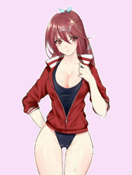 Rule 34 | 10s, 1girl, bad id, bad pixiv id, breasts, cleavage, free!, highleg, highleg swimsuit, jacket, large breasts, long hair, looking at viewer, matsuoka gou, one-piece swimsuit, open clothes, open jacket, ponytail, raind, red eyes, red hair, swimsuit, thigh gap, track jacket, wet, wide hips