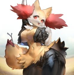 Rule 34 | 1girl, :3, absurdres, animal ear fluff, animal ears, animal nose, arm up, black jacket, black pants, blush, body fur, braixen, bralines, breasts, clenched hand, clothed pokemon, covered navel, cowboy shot, creatures (company), cropped jacket, dress, fang, female focus, fox ears, fox girl, fox tail, furry, furry female, game freak, gen 6 pokemon, gradient background, hand up, happy, highres, jacket, large breasts, light blush, looking to the side, nintendo, open clothes, open jacket, open mouth, pants, pants under dress, pantyhose, pocket, pokemon, pokemon (creature), red eyes, short dress, short sleeves, simple background, skin fang, smile, snout, solo, standing, stick, tail, thick thighs, thighs, wan jue, white background, white fur, wide hips, yellow dress, yellow fur, zipper, zipper pull tab