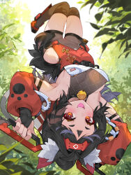 1girl animal_ears armpits barcode black_hair black_thighhighs breasts bridal_gauntlets brown_eyes cat_ears cat_girl commentary_request detached_sleeves forest hairband highres looking_at_viewer medium_breasts nature nekomiya_mana open_mouth red_eyes red_hairband red_sleeves solo thighhighs thighs upside-down waterring zenless_zone_zero