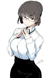 Rule 34 | 1girl, artist name, black-framed eyewear, blouse, blunt bangs, blush, braid, breasts, closed mouth, collared shirt, commentary request, fingers together, fue (rhomphair), glasses, grey eyes, grey hair, hair bun, hair ornament, hairclip, hands up, large breasts, long sleeves, looking at viewer, original, pencil skirt, semi-rimless eyewear, shirt, short hair, sidelocks, signature, simple background, single hair bun, skirt, smile, solo, thick eyebrows, upper body, white background, white shirt