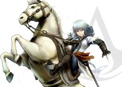 Rule 34 | 1girl, assassin&#039;s creed, assassin&#039;s creed (series), blue eyes, boots, braid, crossover, didloaded, gloves, concealed weapon, hidden blade (assassin&#039;s creed), horse, izayoi sakuya, silver hair, solo, touhou, twin braids, weapon