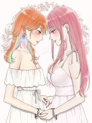 Rule 34 | alternate costume, bare shoulders, bracelet, breasts, couple, dress, earrings, feather earrings, feathers, flower, gradient hair, highres, hololive, hololive english, jewelry, long hair, looking at another, mori calliope, multicolored hair, orange hair, pink hair, sein 025, sleeveless, sleeveless dress, smile, strapless, strapless dress, sundress, takanashi kiara, virtual youtuber, white dress, yuri