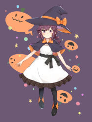 Rule 34 | 1girl, black background, black capelet, black footwear, black hat, black pantyhose, bow, brown eyes, brown hair, capelet, closed mouth, collared capelet, commentary, dress, frilled dress, frills, full body, halloween, halloween costume, hat, hat bow, highres, jack-o&#039;-lantern, kuramoto takato, looking at viewer, machikado mazoku, medium dress, medium hair, orange bow, orange capelet, orange hat, pantyhose, shoes, simple background, smile, solo, speech bubble, standing, star (symbol), two-sided capelet, two-sided fabric, two-sided headwear, white dress, witch hat, yoshida ryouko