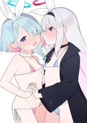Rule 34 | 2girls, arona (blue archive), bikini, black choker, black coat, black eyes, blue archive, blue bikini, blue eyes, blue hair, blush, braid, breast press, breasts, choker, coat, commentary request, futapi, grey hair, hair over one eye, halo, highres, holding hands, interlocked fingers, long sleeves, looking at viewer, multiple girls, nipple-to-nipple, open clothes, open coat, open mouth, perky breasts, pink bikini, pink hair, plana (blue archive), simple background, single braid, small breasts, swimsuit, symmetrical docking, white background, white choker