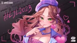 Rule 34 | 1girl, bead necklace, beads, blue hat, blue jacket, blush, braid, breasts, brown hair, caitlyn (league of legends), closed mouth, copyright name, earrings, english text, finger to mouth, green eyes, hair ornament, hand up, hat, heart, heart earrings, heartthrob caitlyn, highres, index finger raised, jacket, jewelry, large breasts, league of legends, light smile, long hair, looking at viewer, momoirone, necklace, open clothes, open jacket, pink hat, plaid headwear, side braid, solo