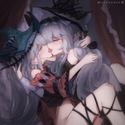 Rule 34 | 2girls, aqua headwear, arknights, artist name, black dress, black headwear, bottomless, closed eyes, clothes lift, detached sleeves, dress, dress lift, face grab, french kiss, grey hair, hair ornament, highres, huang sha, hug, kiss, long hair, multiple girls, official alternate costume, open mouth, red dress, red sleeves, skadi (arknights), skadi the corrupting heart (arknights), specter (arknights), specter the unchained (arknights), very long hair, yuri