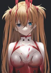 Rule 34 | 1girl, ambiguous red liquid, blue eyes, blurry, bodysuit, breasts, closed mouth, commentary, dripping, evangelion: 3.0+1.0 thrice upon a time, expressionless, fusion, grey background, hair between eyes, hair ornament, highres, hirakana, long hair, looking at viewer, medium breasts, neon genesis evangelion, pilot suit, plugsuit, rebuild of evangelion, red bodysuit, simple background, skin tight, solo, souryuu asuka langley, split mouth, straight-on, two side up, upper body, white bodysuit