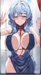 Rule 34 | 1girl, absurdres, against glass, ako (blue archive), ako (dress) (blue archive), areola slip, blue archive, blue eyes, blue hair, blue halo, blush, breast press, breasts, breasts on glass, clenched teeth, collar, crying, crying with eyes open, curtains, frown, halo, highres, indoors, large breasts, leash, long hair, looking back, navel, official alternate costume, red collar, samart, solo, standing, tears, teeth