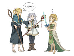 Rule 34 | 3girls, ?, barefoot, belt, black pantyhose, blonde hair, boots, braid, capelet, crossover, dododo, dress, dungeon meshi, earrings, elf, english text, french braid, frieren, green eyes, highres, holding, holding staff, jewelry, long hair, marcille donato, multiple crossover, multiple girls, nintendo, pantyhose, pendant, pointing, pointy ears, princess zelda, sandals, short hair, sousou no frieren, species connection, staff, sword, the legend of zelda, the legend of zelda: tears of the kingdom, trait connection, twin braids, twintails, weapon, white background, white hair
