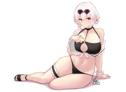 Rule 34 | 1girl, arm support, azur lane, bikini, black bikini, black footwear, blush, breasts, cleavage, closed mouth, collarbone, crop top, eyewear on head, front-tie top, full body, hand on own chest, heart, heart-shaped eyewear, highres, kimi tsuru, large breasts, looking at viewer, navel, o-ring, o-ring bikini, o-ring top, pink-framed eyewear, reclining, red eyes, sandals, scrunchie, see-through, short hair, short ponytail, short sleeves, signature, silver hair, simple background, sirius (azur lane), solo, stomach, sunglasses, swimsuit, thigh strap, white background, wrist scrunchie