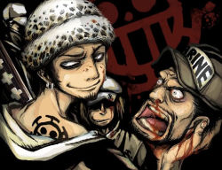 Rule 34 | baseball cap, black hair, blood, facial hair, fuzzy hat, goatee, grin, hat, head, heart pirates, hood, hoodie, jolly roger, jumpsuit, lowres, male focus, military, military uniform, multiple boys, one piece, ootachi, over shoulder, pirate, shachi (one piece), sheath, sheathed, smile, smiley face, sword, tattoo, trafalgar law, uniform, weapon