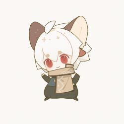 Rule 34 | 1boy, :&gt;, ahoge, animal ears, animated, animated gif, bare shoulders, black footwear, black pants, black sleeves, blue shirt, blush stickers, brown scarf, chibi, chinese commentary, closed mouth, commentary request, detached sleeves, extra ears, fox ears, full body, hair between eyes, long sleeves, looking at viewer, looping animation, male focus, original, pants, puffy pants, red eyes, scarf, shirt, shoes, short hair, simple background, sleeveless, sleeveless shirt, sleeves past wrists, smile, solo, white background, white hair, zzennn