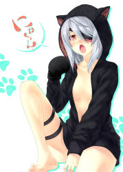 Rule 34 | 10s, 1girl, animal ears, animal hood, barefoot, blush, bottomless, cat ears, cat hood, eyepatch, feet, gloves, hood, hoodie, infinite stratos, kouji (campus life), laura bodewig, long hair, naked hoodie, no bra, open clothes, open mouth, pajamas, red eyes, solo, thigh strap, toes, unzipped, white hair, zipper