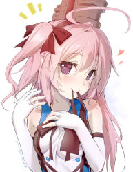 Rule 34 | 1girl, ahoge, akazawa red, azur lane, bare shoulders, black ribbon, blush, breasts, closed mouth, commentary request, dated, dress, elbow gloves, gloves, hair ornament, hair ribbon, heart, long hair, looking at viewer, mouth hold, notice lines, one side up, partially fingerless gloves, pink hair, purple eyes, red ribbon, ribbon, saratoga (azur lane), sidelocks, signature, simple background, sleeveless, sleeveless dress, small breasts, smile, smokestack hair ornament, solo, upper body, white background, white gloves