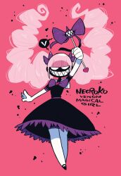 Rule 34 | 1girl, absurdres, alien, black dress, bow, character name, dress, elbow gloves, gloves, hair bow, highres, magical girl, marvel, necroko, pink background, pink hair, purple bow, rariatto (ganguri), sharp teeth, speech bubble, spider-man (series), symbiote, teeth, thighhighs, twintails, venom (marvel), wand, white eyes, white gloves, white thighhighs