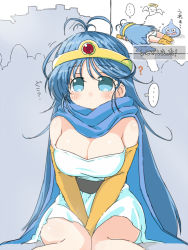 Rule 34 | 1girl, blue eyes, blue hair, blush, breasts, cape, capelet, circlet, cloak, closed mouth, commentary request, dragon quest, dragon quest iii, dress, elbow gloves, ghost, gloves, large breasts, long hair, looking at viewer, naitou kouse, panties, sage (dq3), slime (dragon quest), underwear, yellow gloves