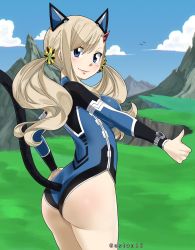 Rule 34 | 1girl, animal ears, ass, blonde hair, blue eyes, blush, breasts, cat ears, cat tail, eden&#039;s zero, gaston18, highres, large breasts, leotard, rebecca bluegarden, tagme, tail, twintails, watch, wristwatch